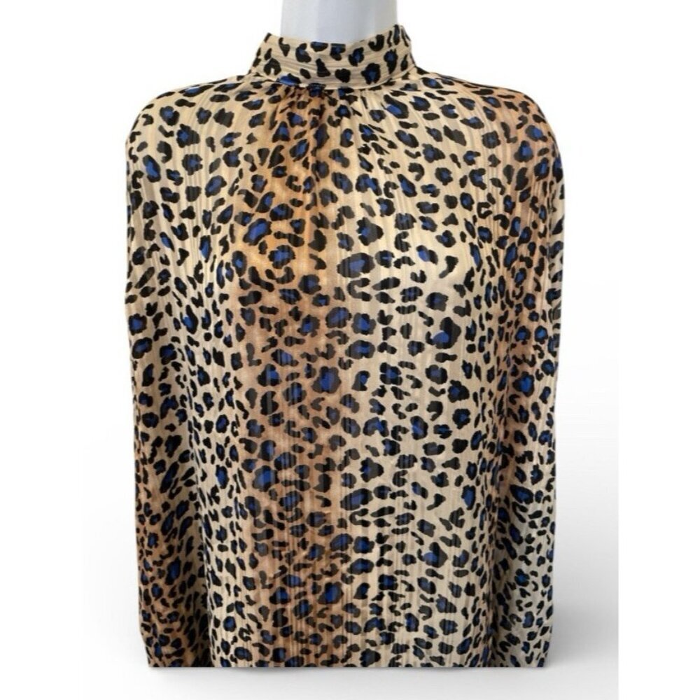 First Love By Lovelyn Womens Leopard Print Pleated Blouse Size 2X Mock Neck Long
